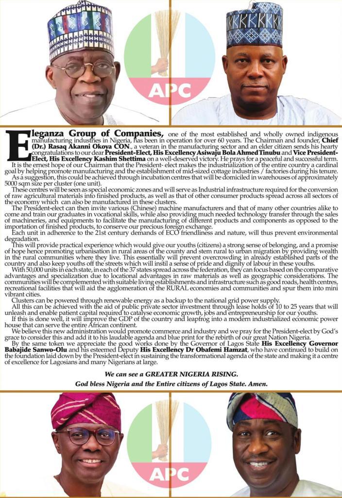 Read more about the article Rasaq Okoya of Eleganza congratulats president-elect Asiwaju Bola Ahmed Tinubu, recommends industrial reforms