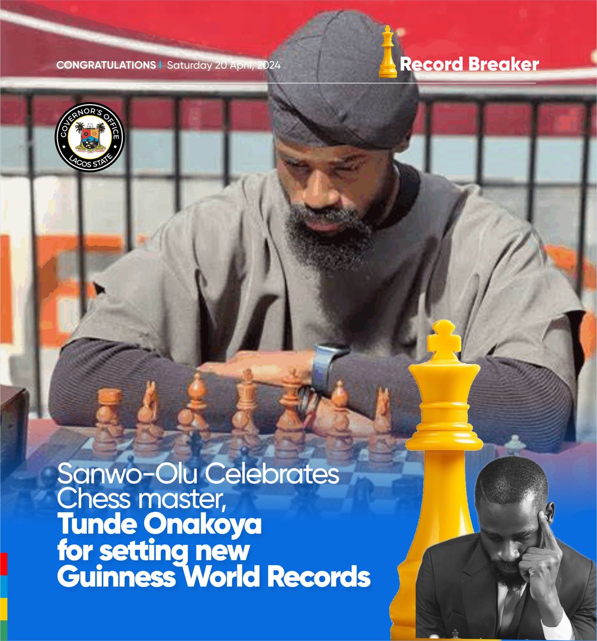 Read more about the article SANWO-OLU CELEBRATES CHESS MASTER, TUNDE ONAKOYA FOR SETTING NEW GUINNESS WORLD RECORDS 